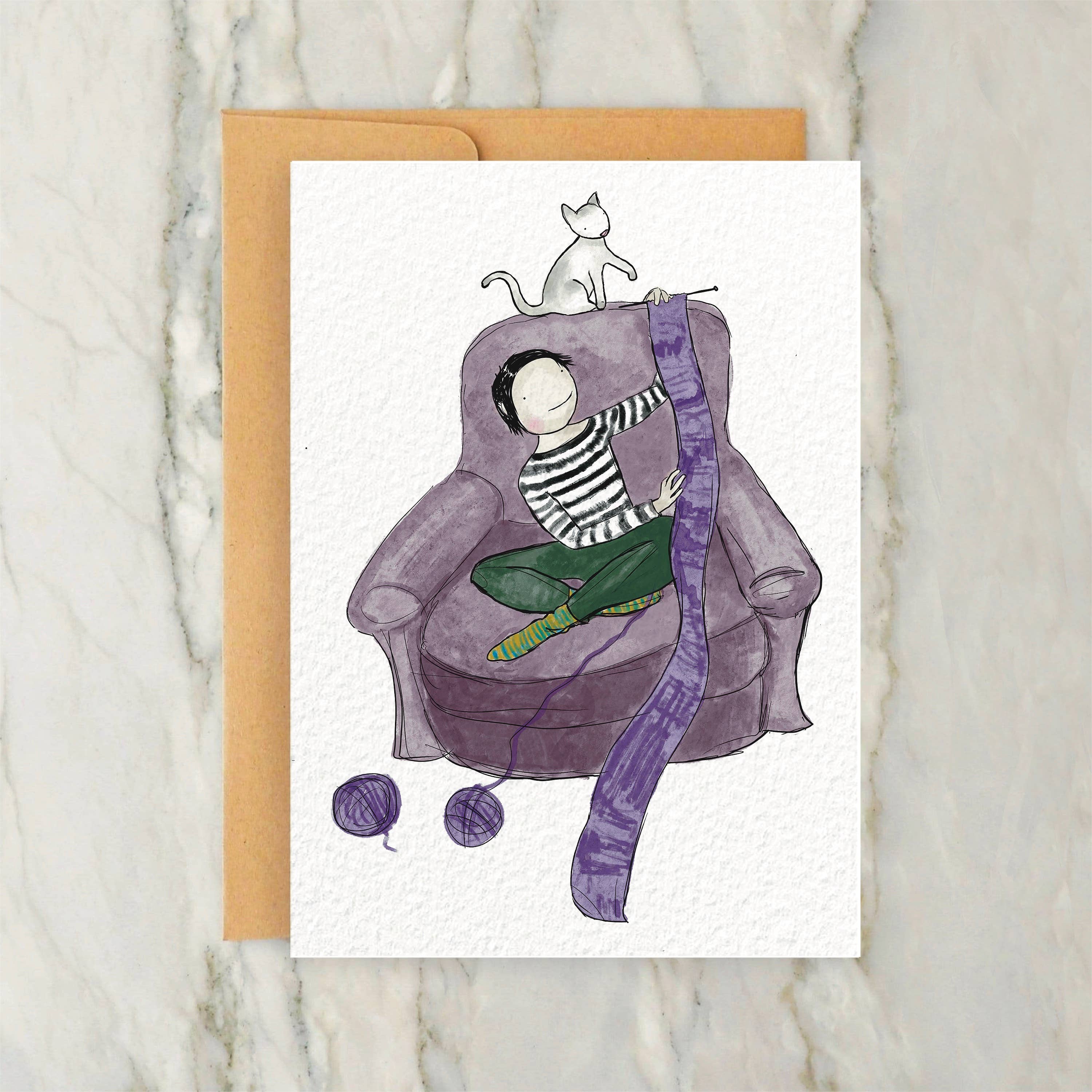 Greeting Card - Person Knitting Purple Scarf with Cat