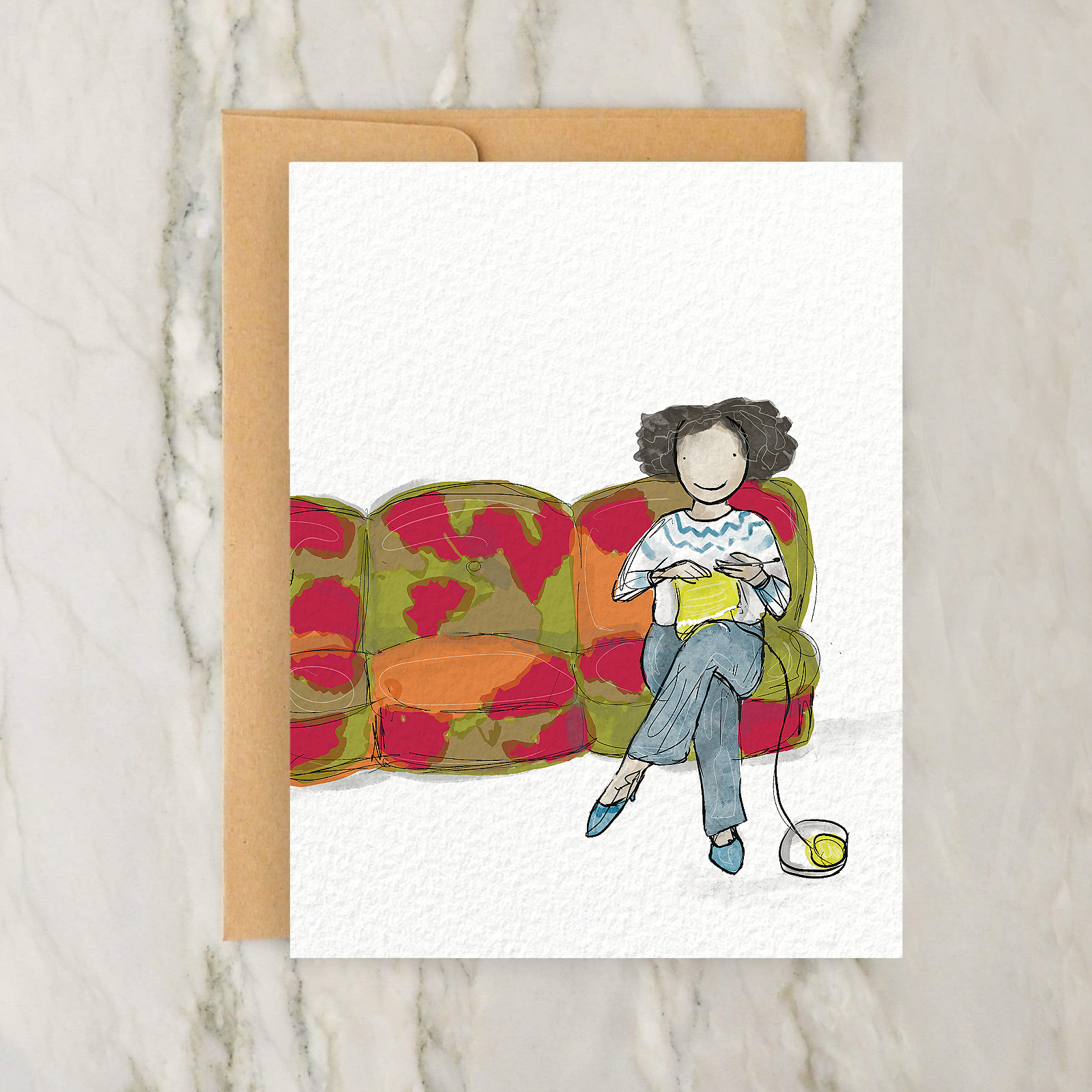 Greeting Card - Person Knitting Sitting on a Colorful Couch