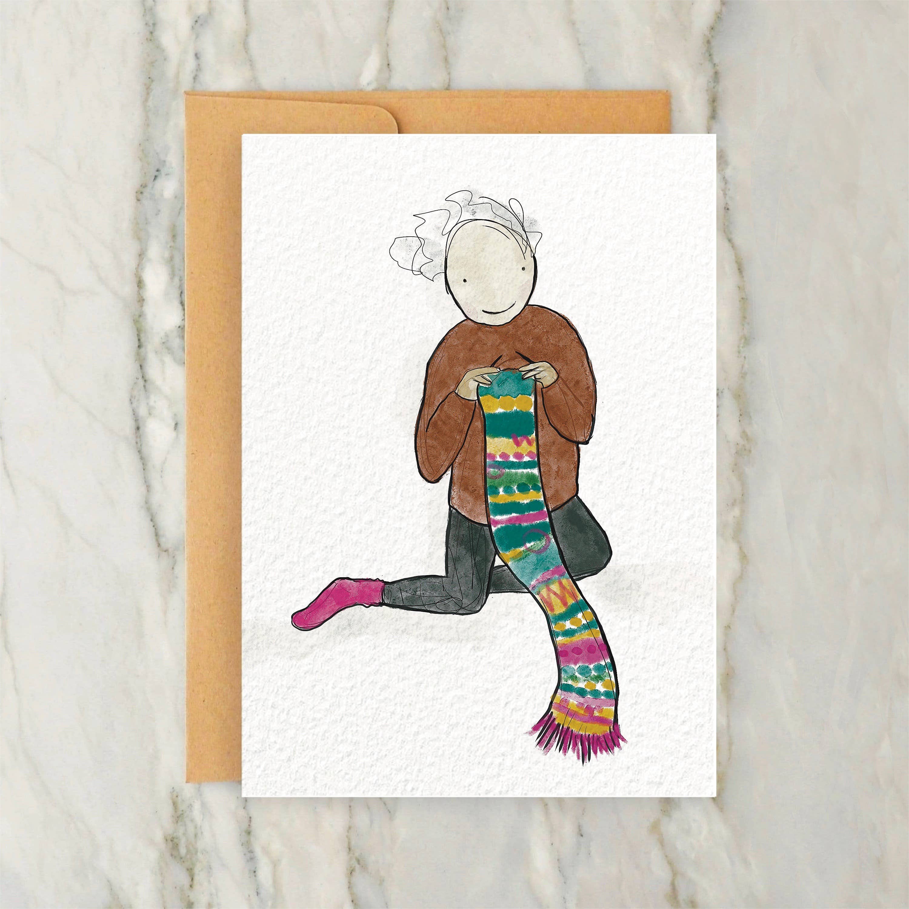 Greeting Card - Person Knitting Long Colorful Scarf