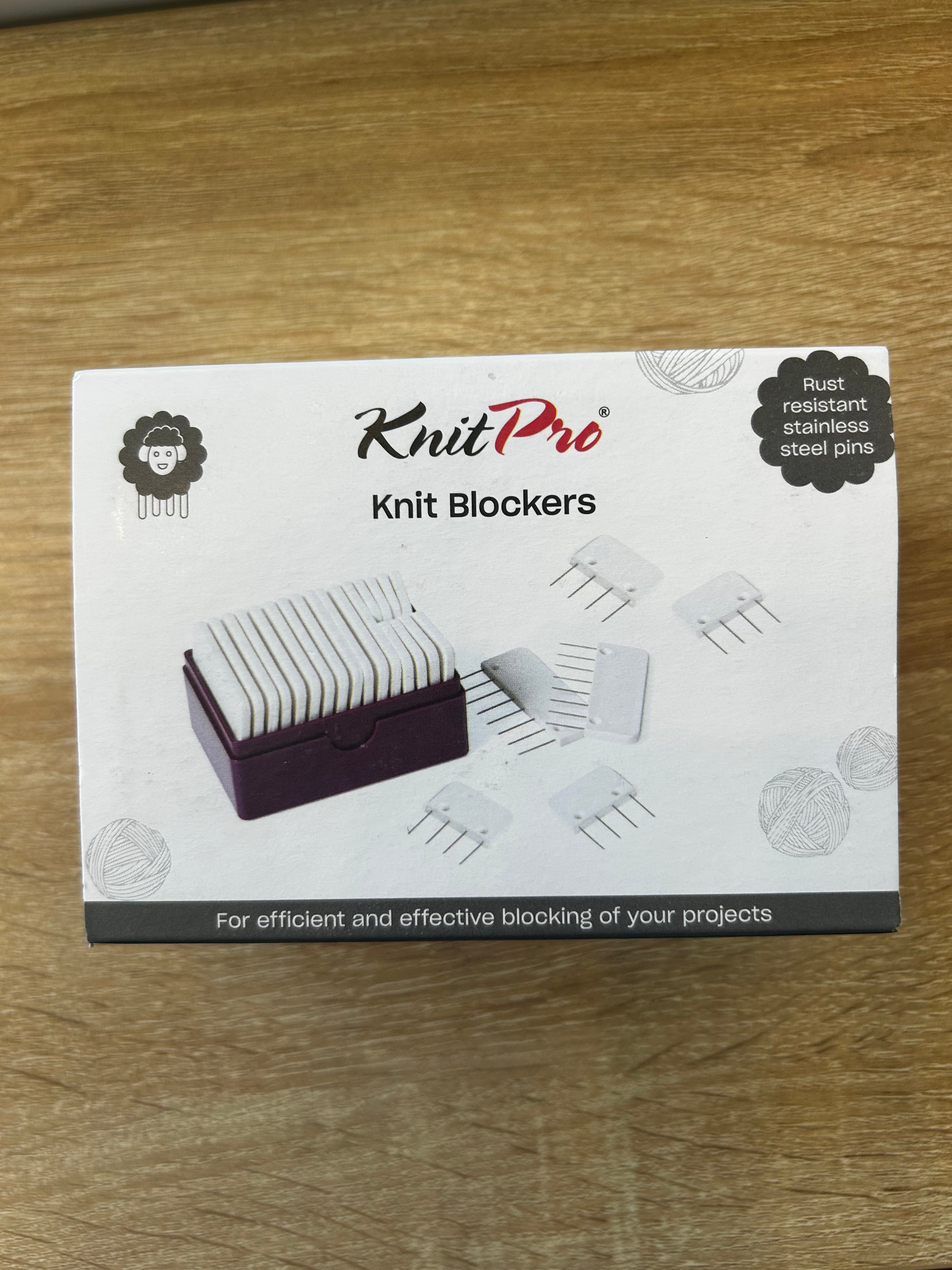 Knit Pro knit blockers packaging on a wooden surface