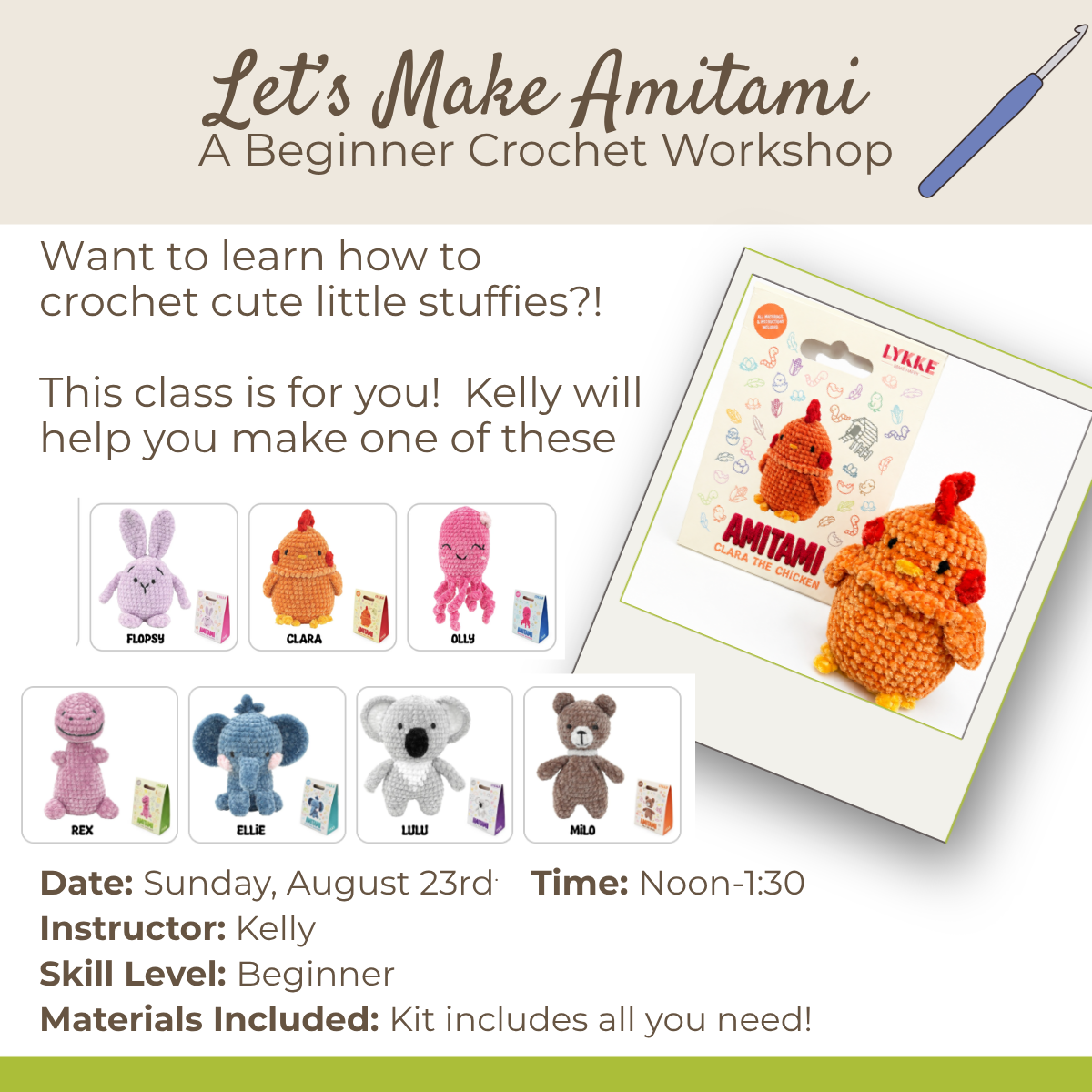 Class: Let's make Amitami - A Beginner Crochet Workshop (Sunday August 23rd, Noon to 1:30)