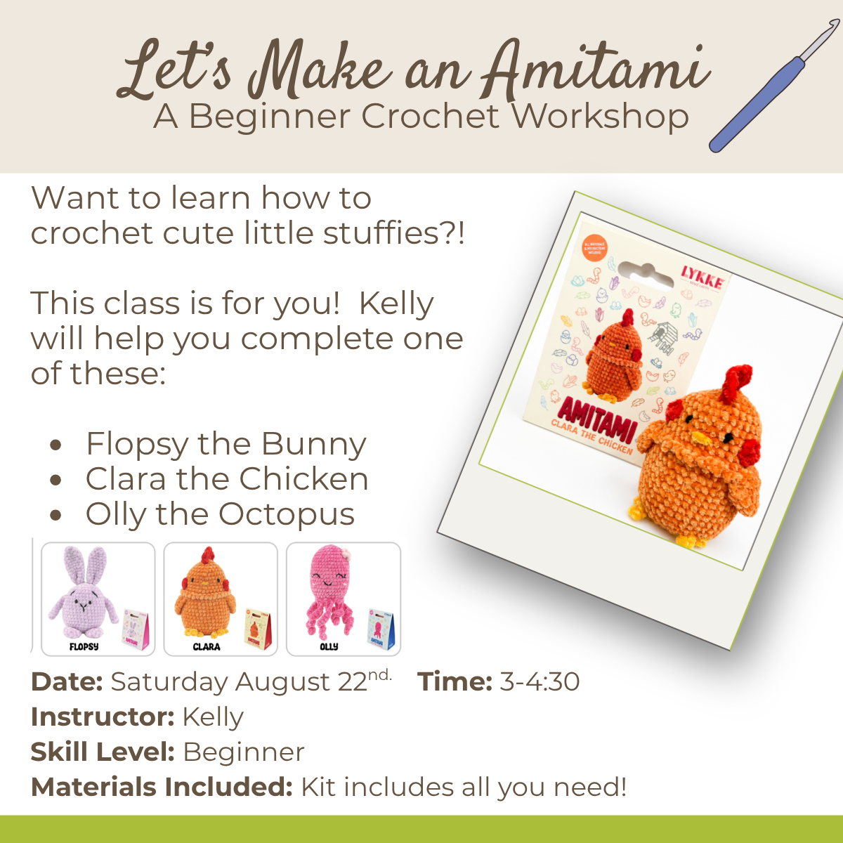 Class: Let's make Amitami - A Beginner Crochet Workshop (Saturday August 22nd 3:00-4:30)