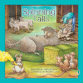 Book cover of 'Spinning Tails' with sheep, a mouse, and a person shearing sheep.