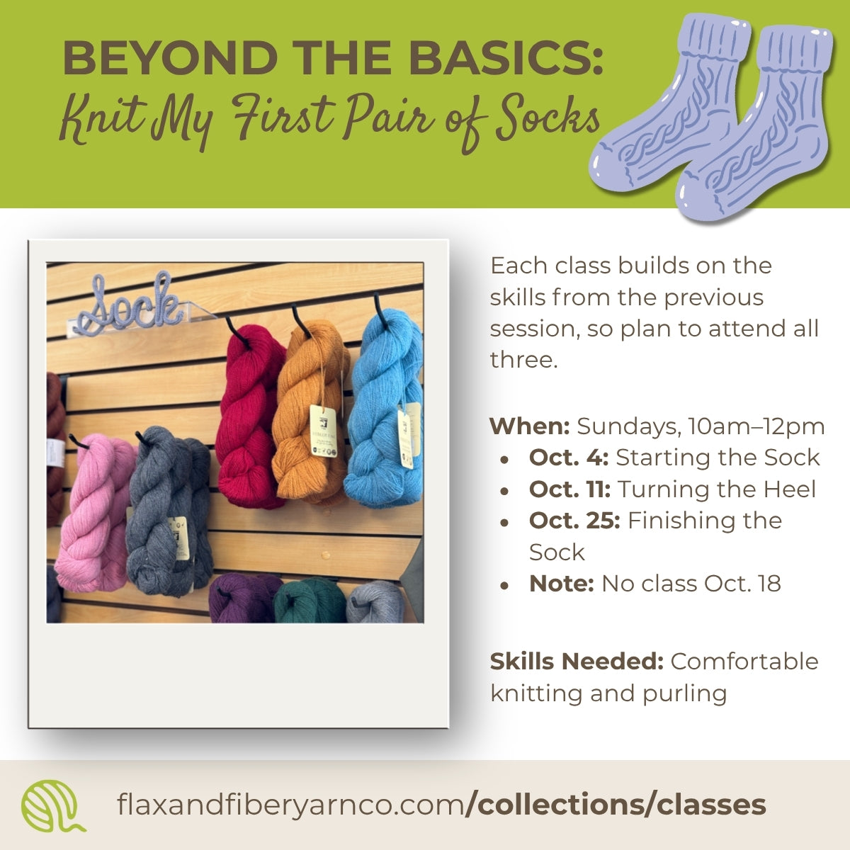 Class: Knit My First Pair of Socks - 3 Sessions on Sundays 10am-12pm (Oct 4, Oct 11, and Oct 25)