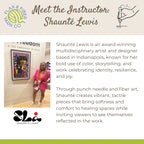 Promotional graphic for Flax & Fiber Yarn Co featuring an introduction to instructor Shaunté Lewis. The design includes a logo, a hand illustration holding a needle, a photo of Shaunté Lewis posing in a pink outfit in an art gallery, and descriptive text about her multidisciplinary art and punch needle and fiber art techniques.