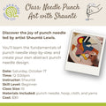 Promotional flyer for a punch needle art class titled 'Class: Needle Punch Art with Shaunté' by Flax & Fiber Yarn Co. The flyer features a beige header with the class title, a small line drawing of a hand holding a punch needle tool, and a photo of an abstract punch needle design.
