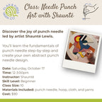 Promotional flyer for a punch needle art class titled 'Class: Needle Punch Art with Shaunté' by Flax & Fiber Yarn Co. The flyer features a beige header with the class title, a small line drawing of a hand holding a punch needle tool, and a photo of an abstract punch needle design.