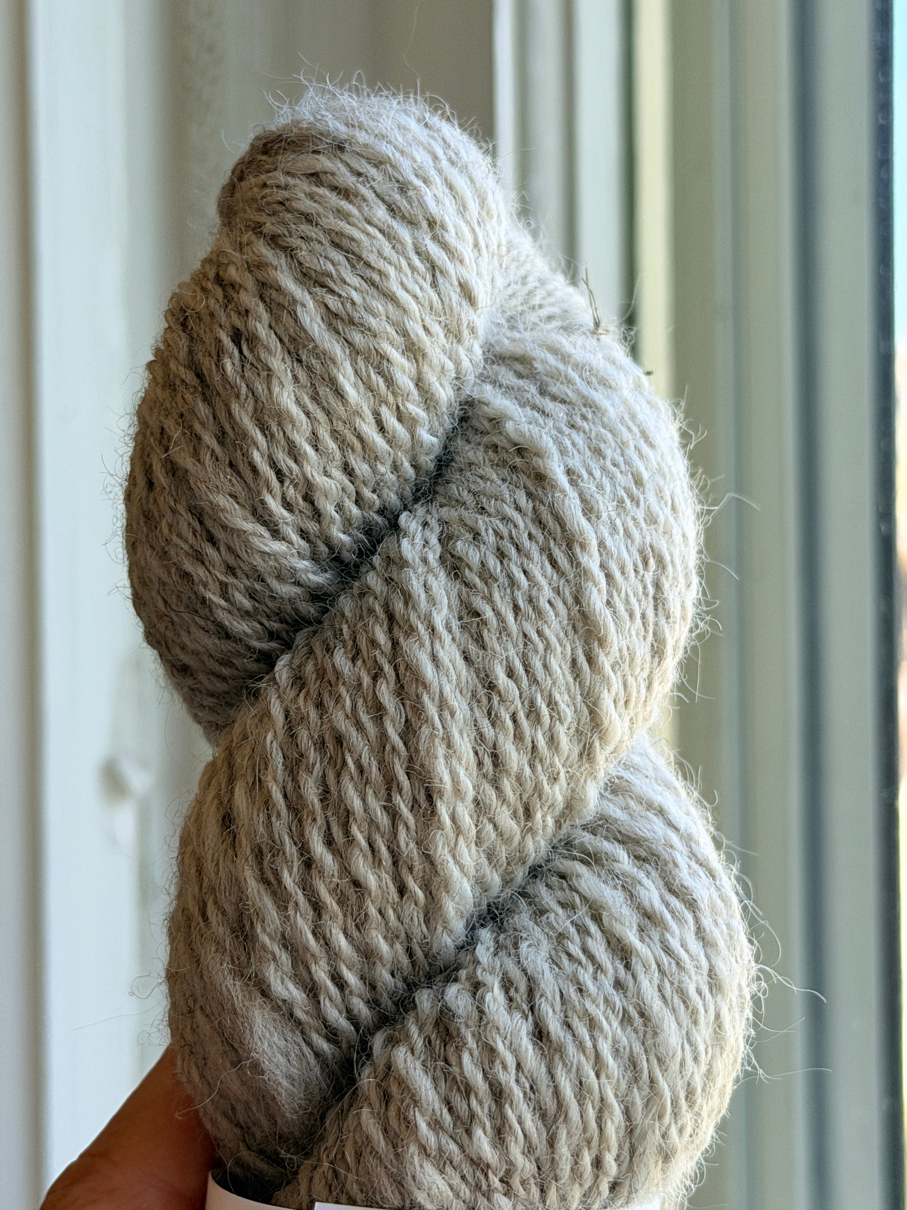 Close up picture of a skein of natural color yarn.