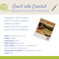 flyer announcing crochet classhas dates and time (june 11 at 6pm) with yarn and crochet sample