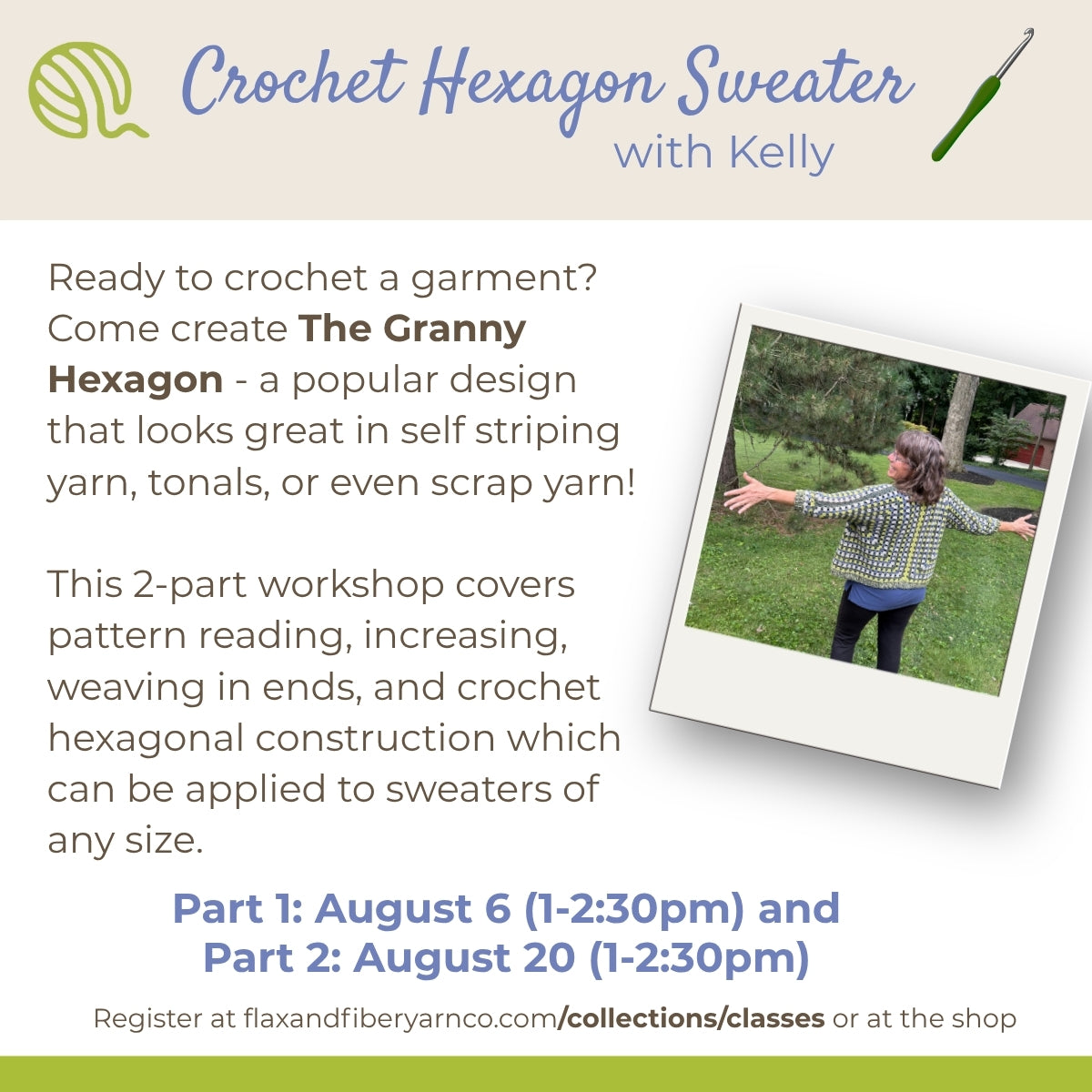 Class: Crochet A Granny Hexagon Sweater Part 1: August 6th (1-2:30pm) and Part 2: August 20th (1-2:30pm)