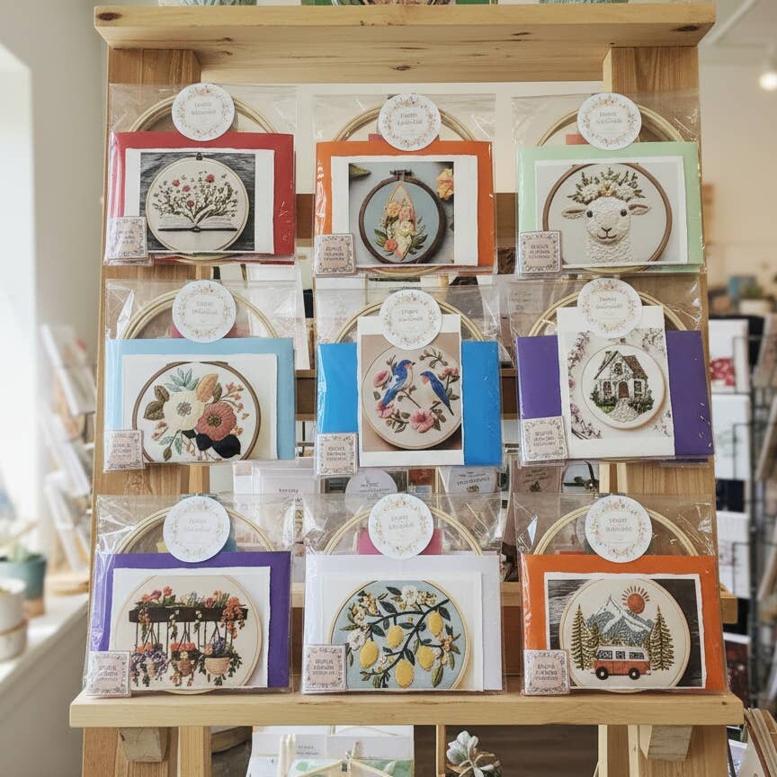 A wooden display rack holding multiple framed, packaged embroidered circular artworks with different illustrated scenes such as flowers, birds, a house, animals, and landscapes. Each piece is sealed in clear plastic with a small paper tag attached.