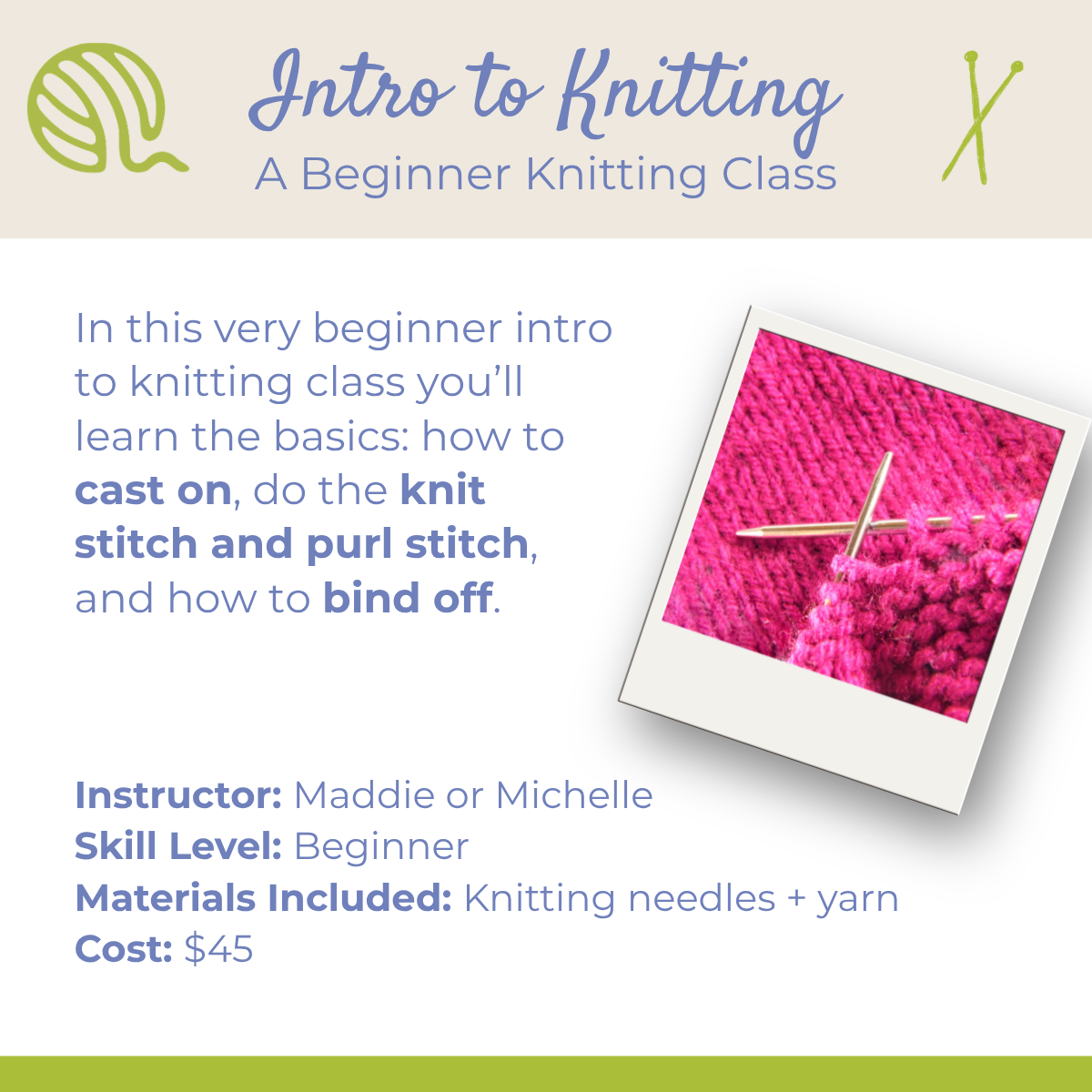 Class: Intro to Knitting (Saturday, July 18th 9:30-11:00)