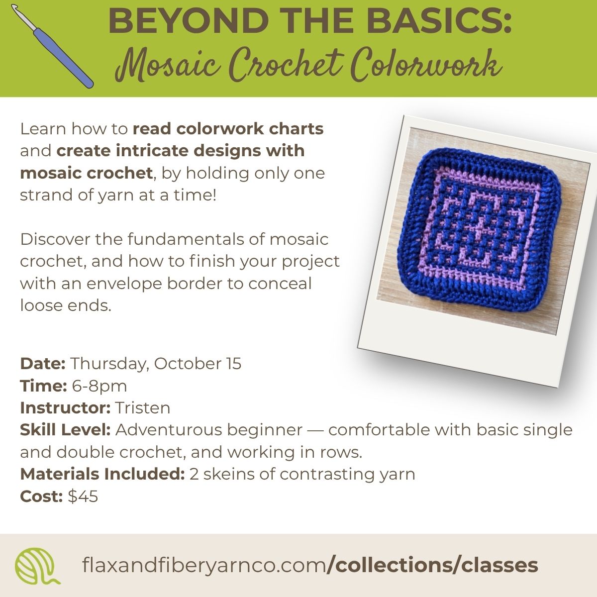 Class: Mosaic Crochet Coasters (Thursday, October 15th, 6-8PM)