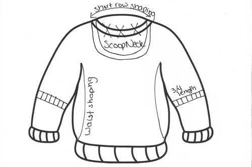 Schematic diagram of a sweater with labeled features on a white background