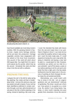 Page from a book, Home Grown Flax and Cotton, featuring an image of a person broadcasting flax seed in a garden.