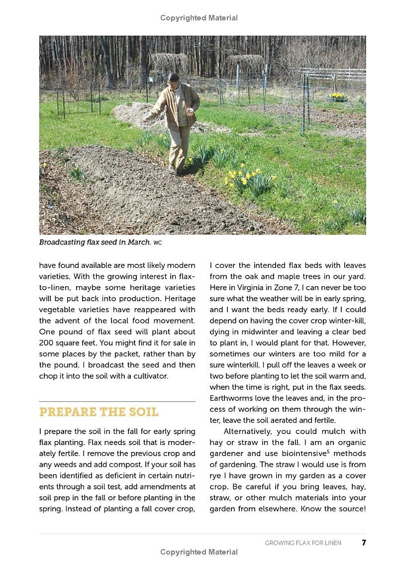 Page from a book, Home Grown Flax and Cotton, featuring an image of a person broadcasting flax seed in a garden.