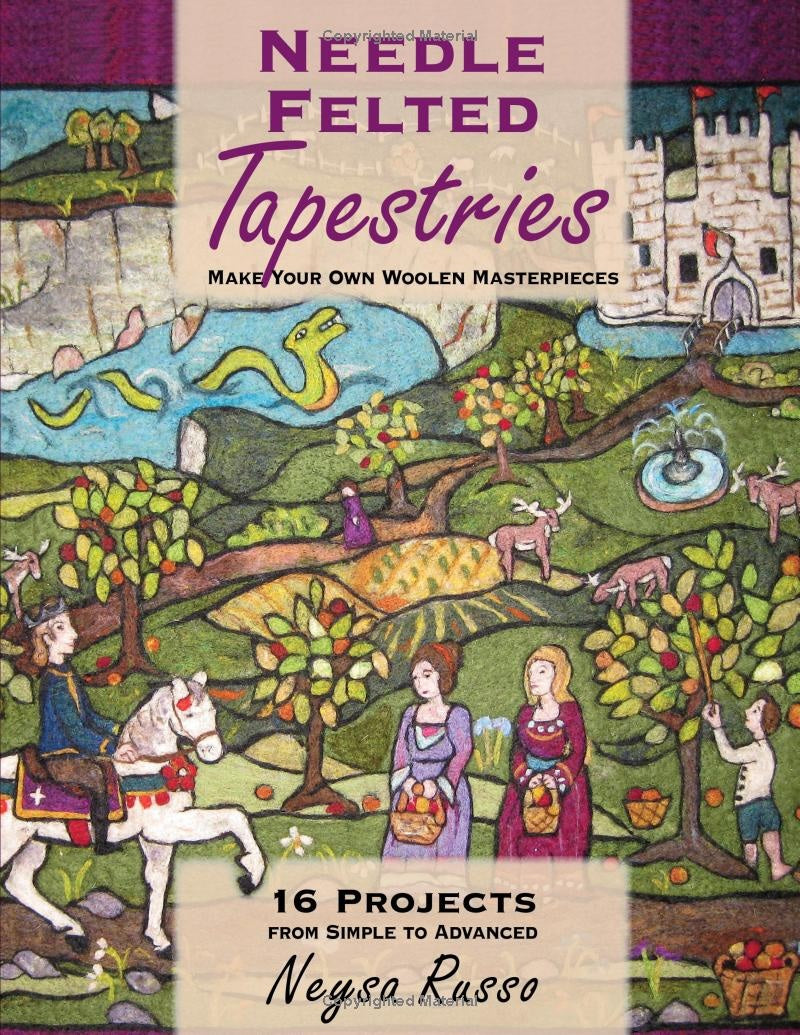 Book cover of 'Needle Felted Tapestries' with colorful tapestry illustration and text.