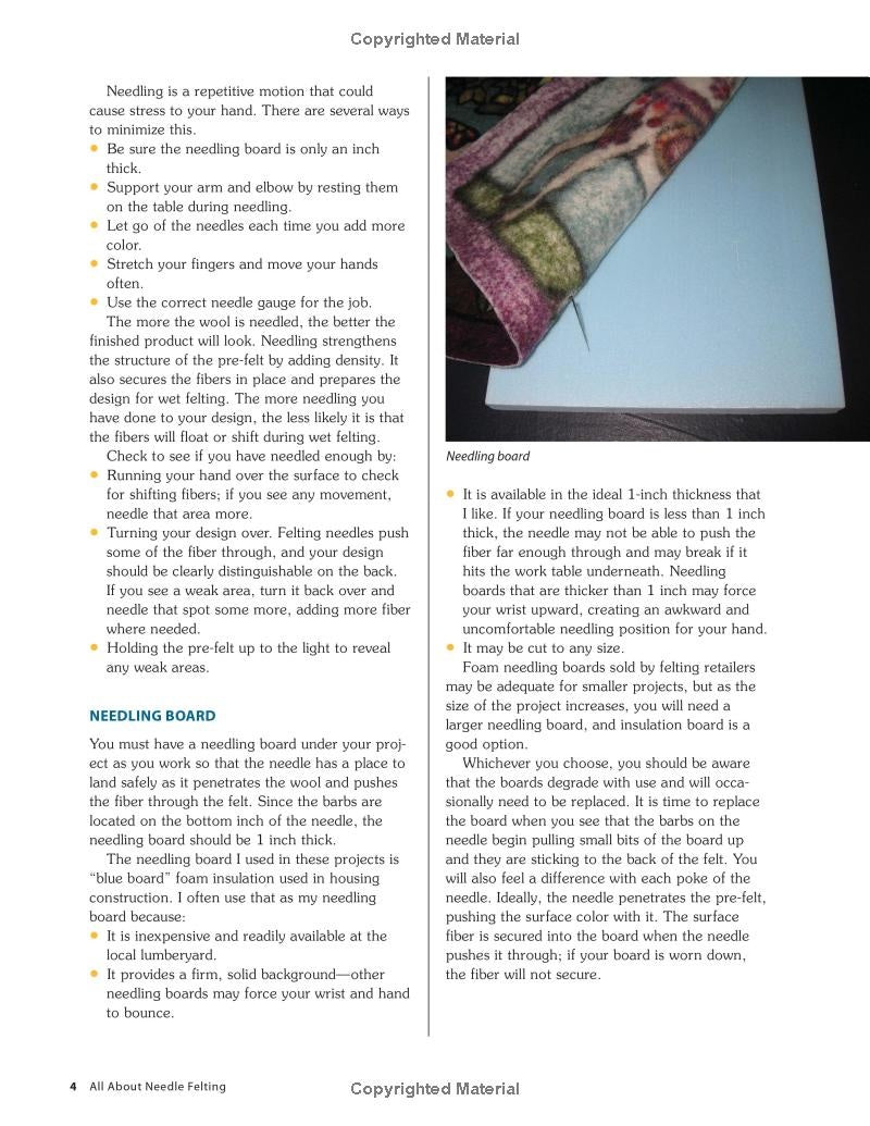 Textual content about needle felting with an image of a needle board and felting project from the book Needle Felted Tapestries