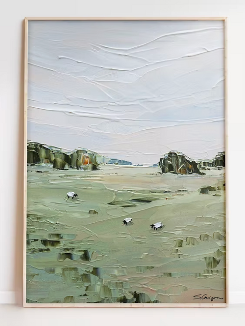 Framed abstract landscape painting on a white wall depicting three sheep in a pastoral setting