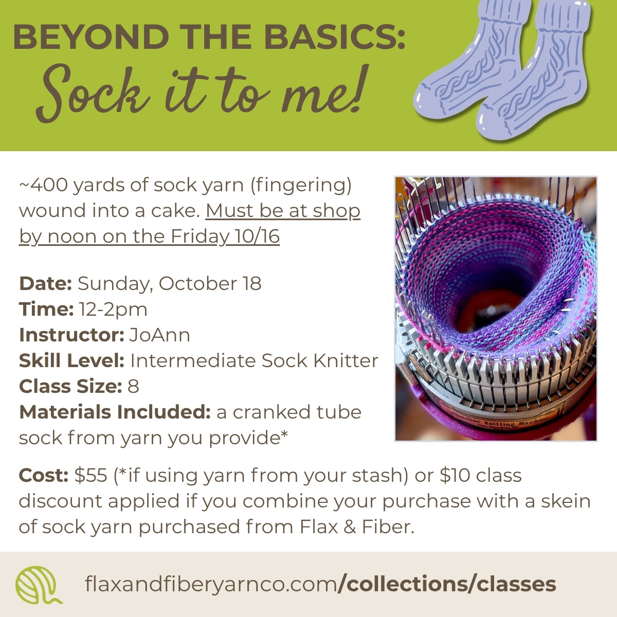 Class: Sock Machine Magic – From Tube to Finished Socks (Sunday, Oct 18; 12-2pm)