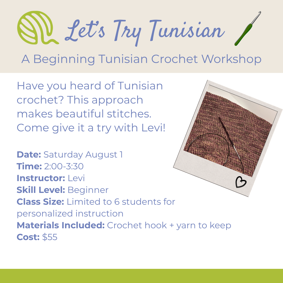 Class: Let's Try Tunisian Crochet, Saturday August 1 (2-3:30pm)