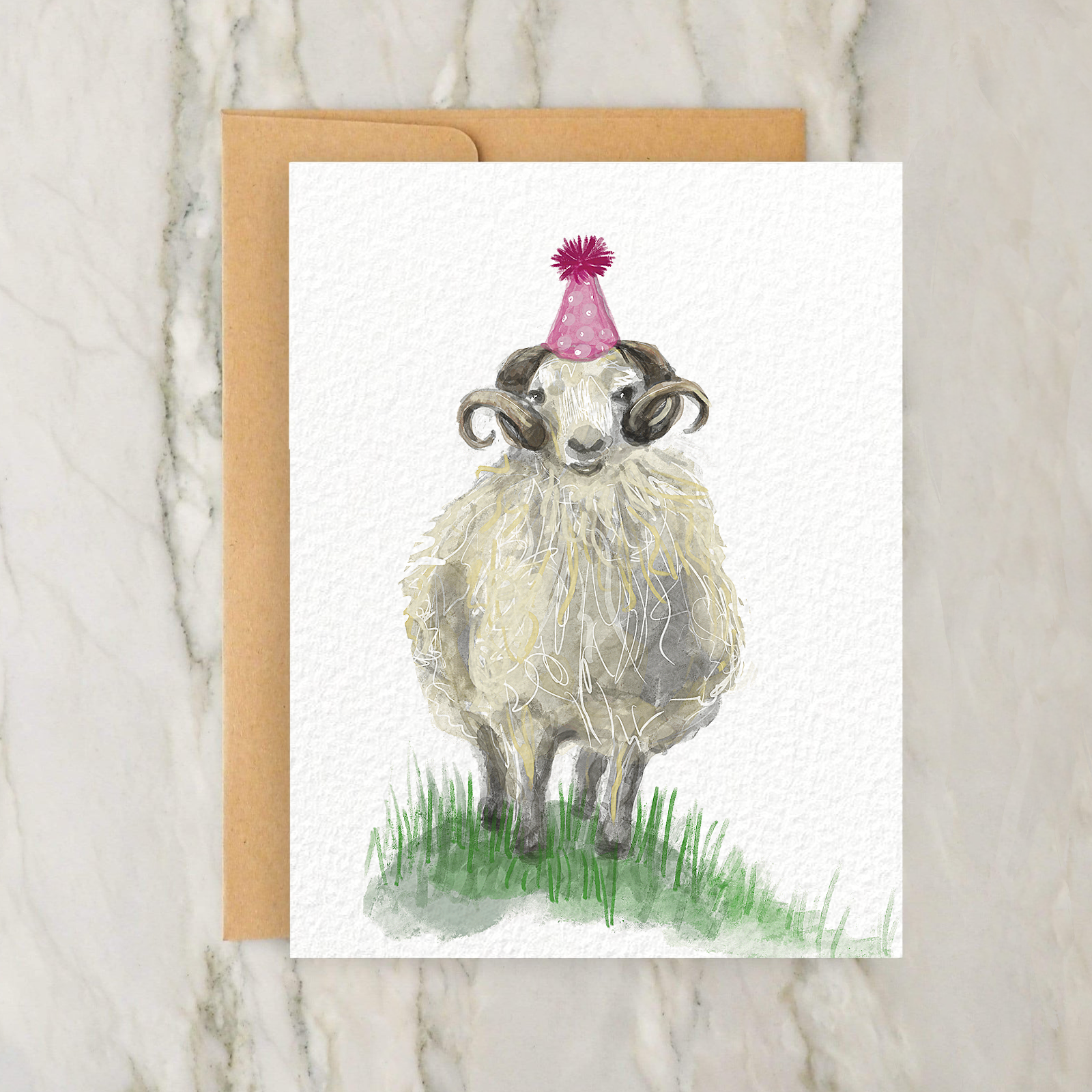 Greeting Card - Birthday Sheep with Horns in a Party Hat