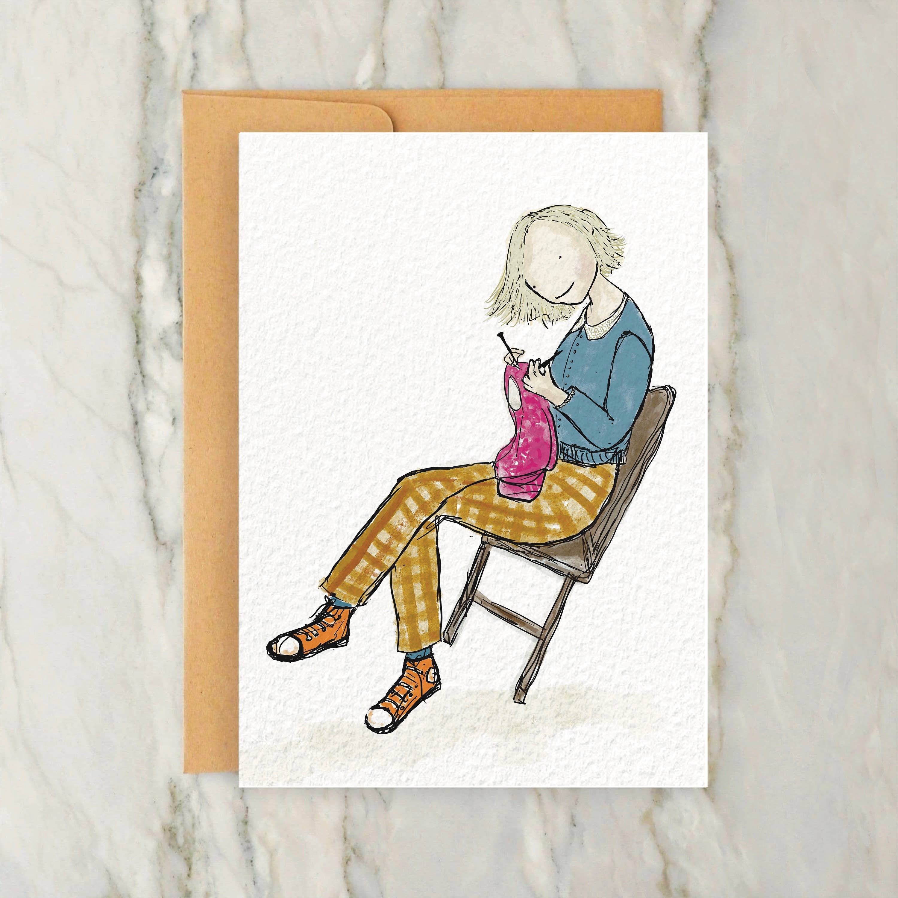 Greeting Card - Blonde Person Knitting Sweater