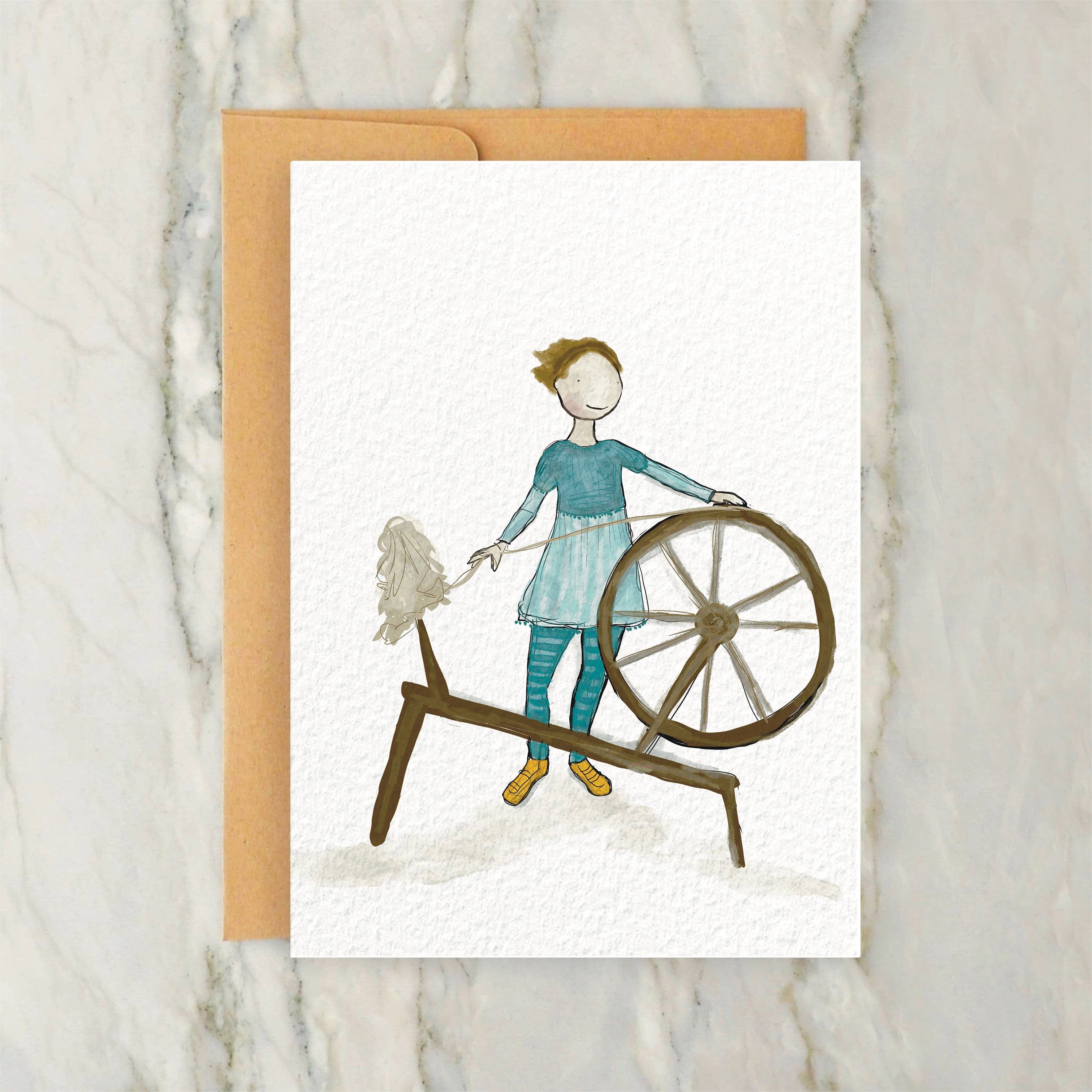 Greeting Card - Person in Blue Dress at a Spinning Wheel
